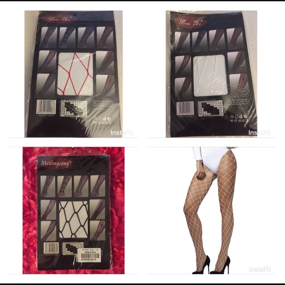 ❄️3 Piece Fishnet Pantyhose Set Black White Red❄️ - Picture 4 of 8
